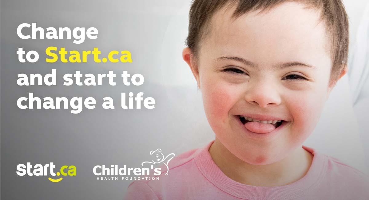 portrait of a small boy with a big smile and text that reads in white change to start.ca and start to change a life with children's health foundation logo