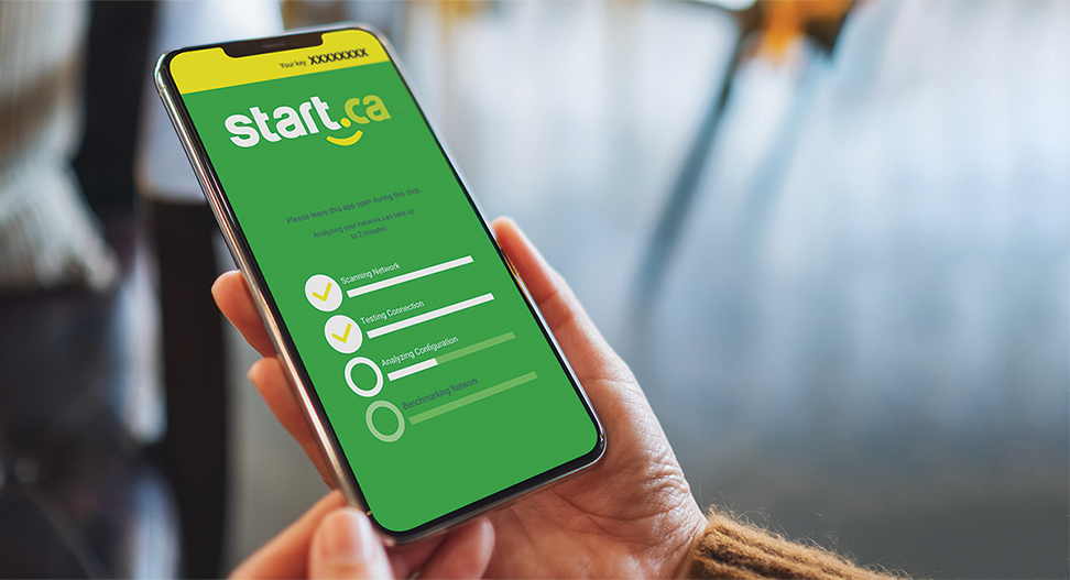 Person holding up a cellphone with the start care app