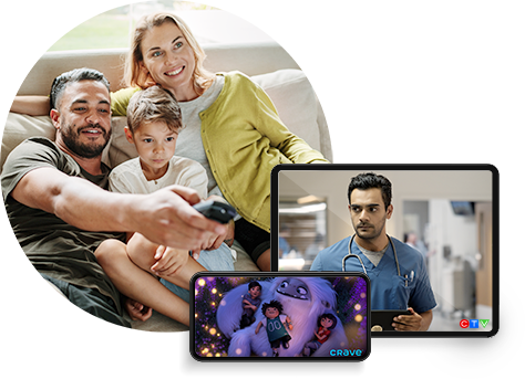 family sitting and smiling with remote in hand with two clips showing Encanto and hospital