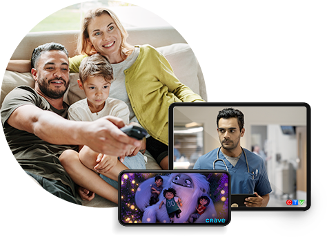 family sitting and smiling with remote in hand with two clips showing Encanto and hospital