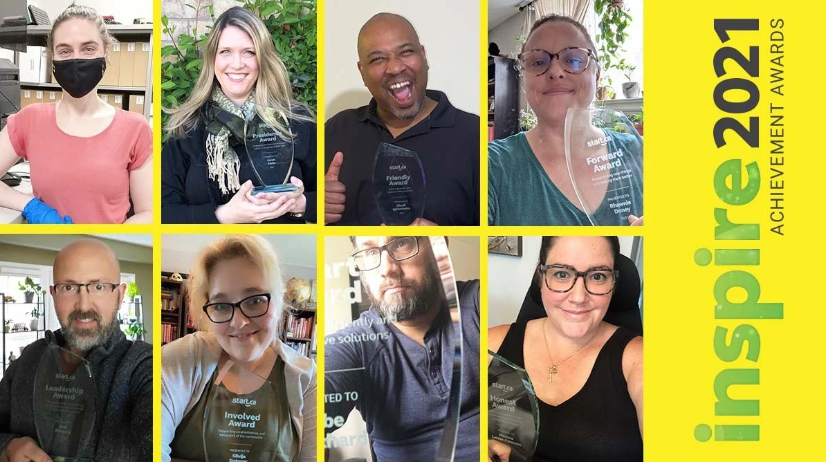 8 employees posing with their inspire awards and yellow banner to the right that reads inspire 2021 achievement awards