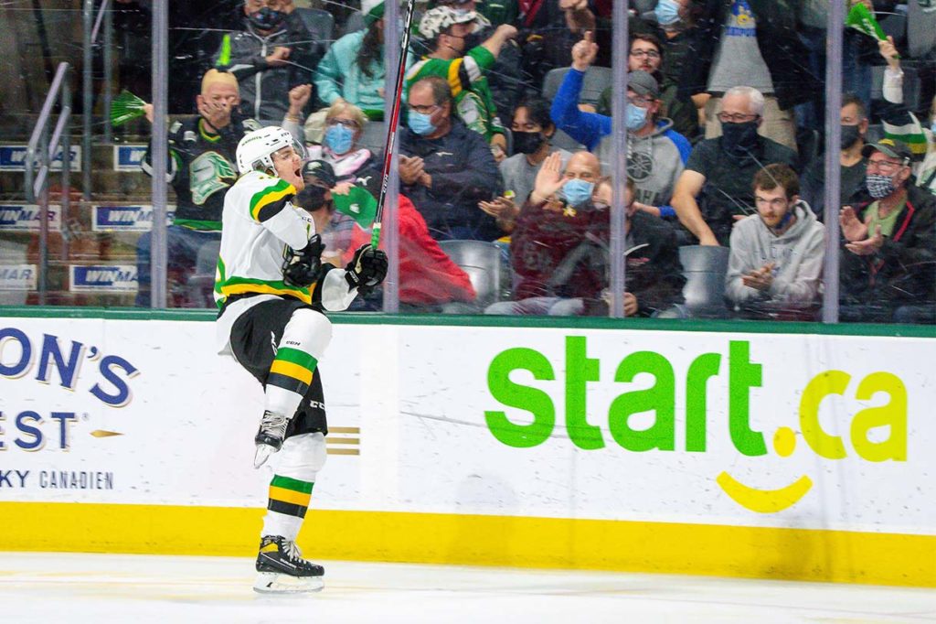 London Knight player celebrating a goal