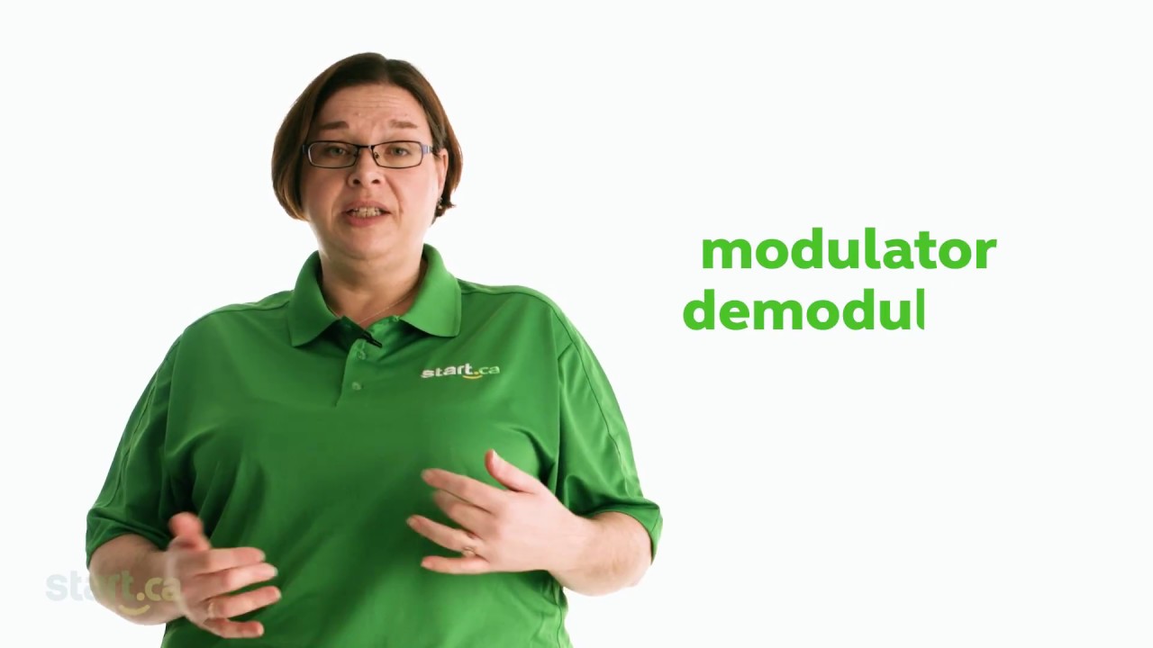 Technical support worker in a cable modem support video next to text that reads modulator demodul